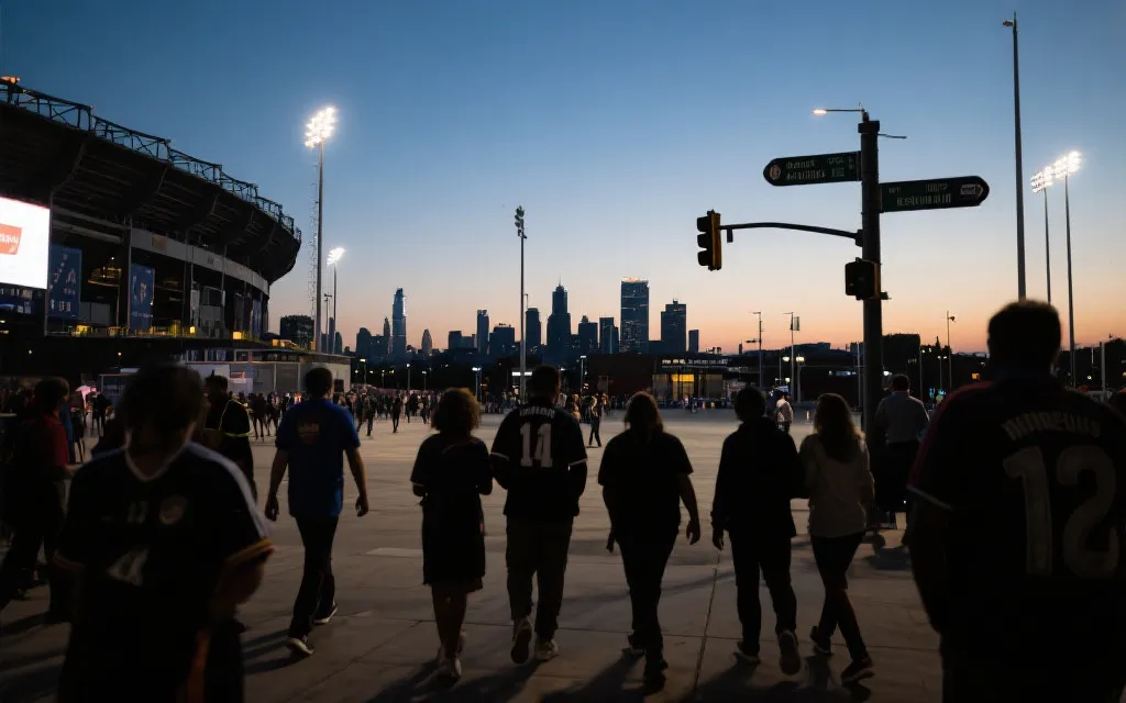 比赛日傍晚的温哥华或多伦多球场外广场：球迷步行入场、城市天际线与路标、纪录片风格
